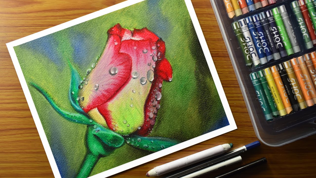 Oil Pastel Drawing_ rose with water drops_ how to draw water drops on ...