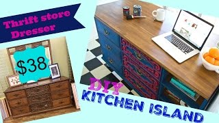 Turn a $38 thrift store dresser into a Kitchen island by adding chalk type paint and a butcher block top from Ikea. Episode 2 in my 
