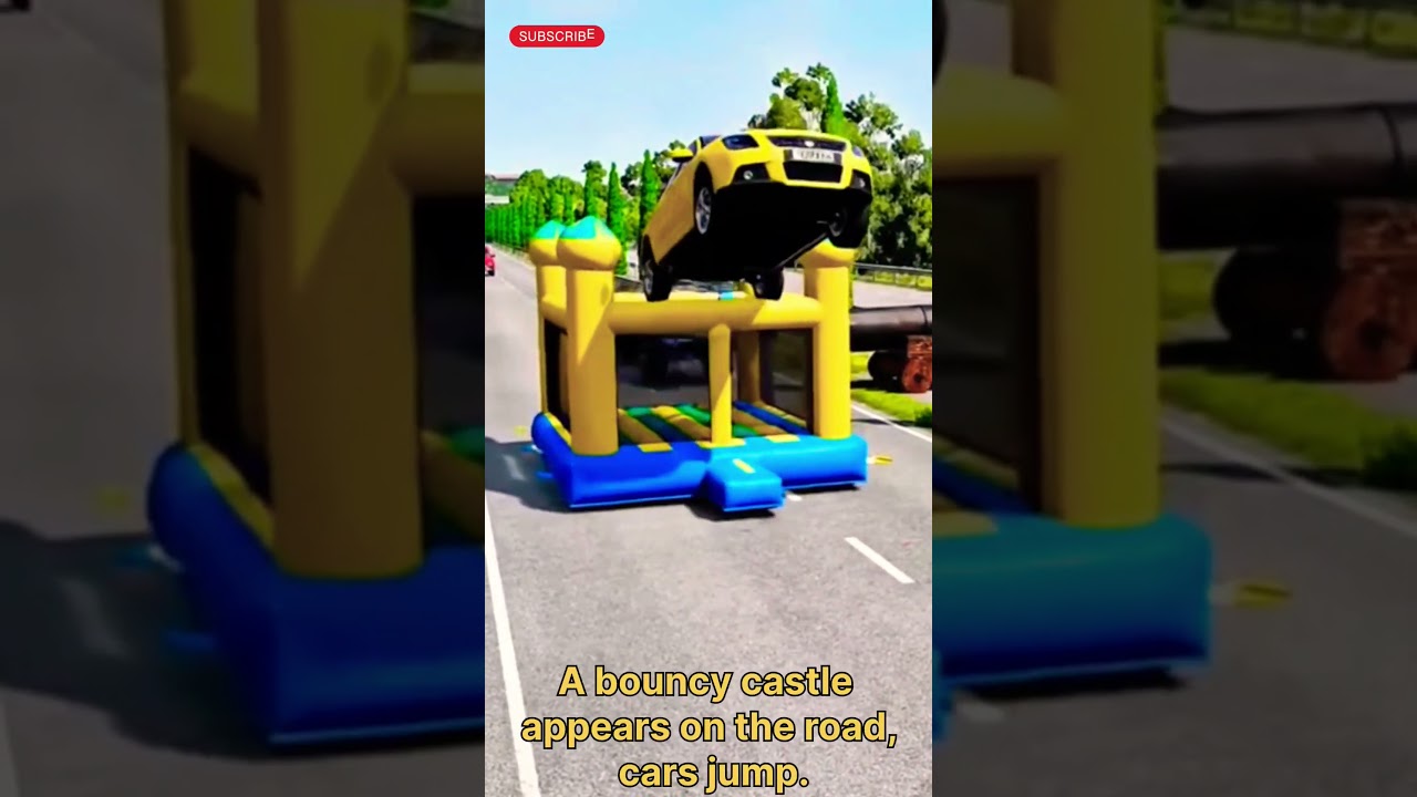 A bouncy castle appears on the road, cars jump 