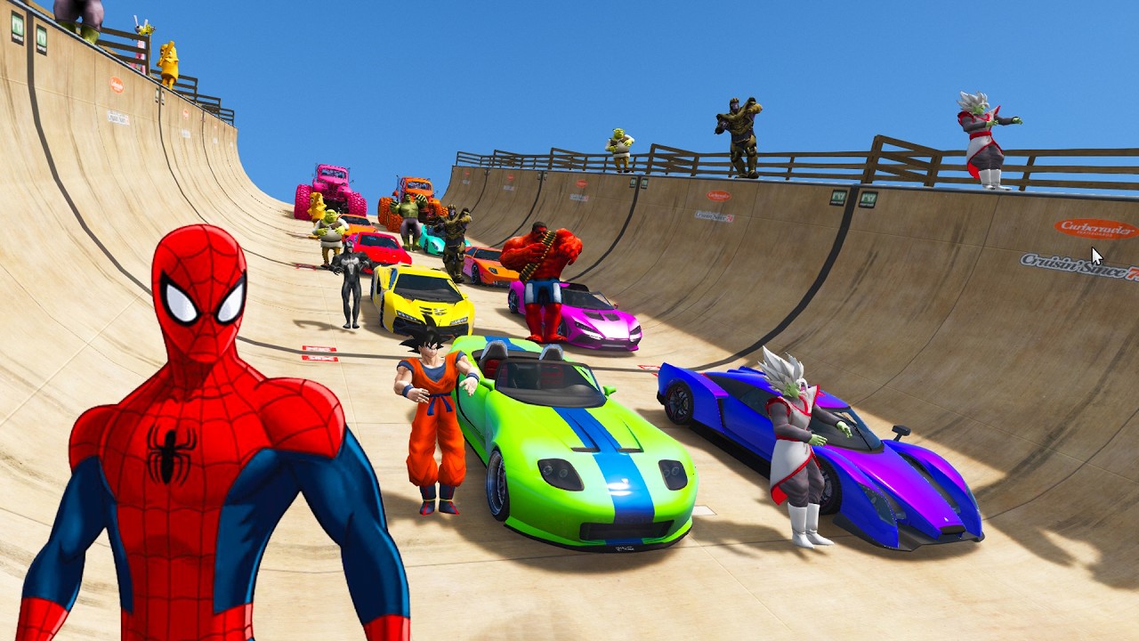 SPIDERMAN CARS Super Cars Mega Ramp Challenge ! SUPERHERO HULK Iron Man Red Hulk Racing - GTA V