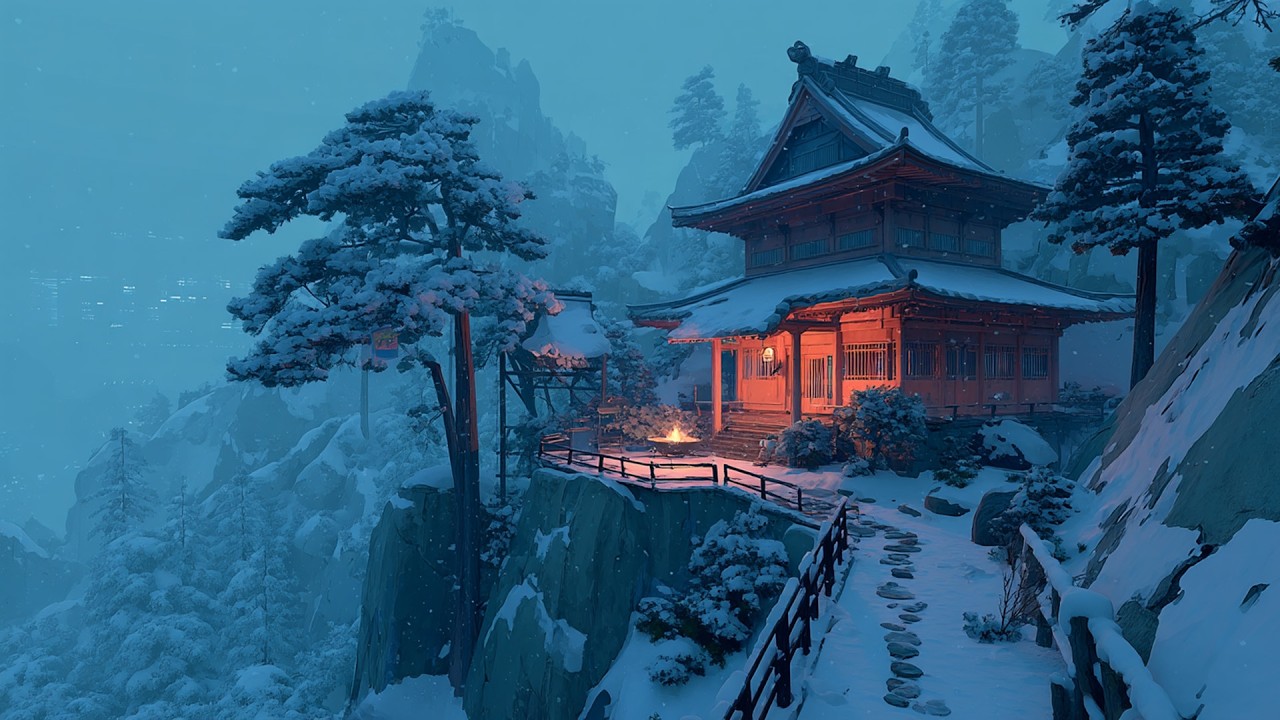 Hidden Cliff Temple | 4 Hour Japanese Winter Night Ambience ❄️ Sacred Snowfall