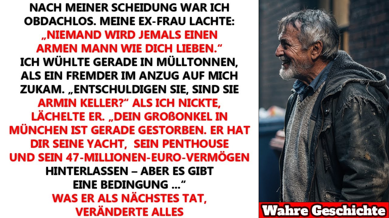 Ich stand hinter einem Restaurantcontainer und wühlte nach Essbarem, als ein Mann im teuren Anzug auftauchte und meinen vollen Namen nannte. Er behauptete, mein toter Onkel hätte mir 47 Millionen...