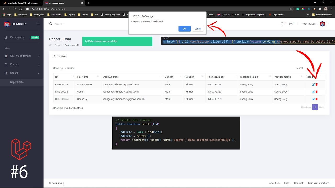 Delete data from databases using model Laravel 8 - YouTube