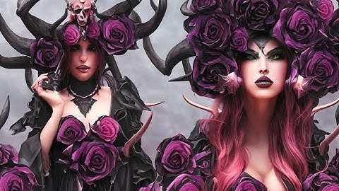 Stable Diffusion 2.1 Animation: Dark Sorceress In Beautiful Dress Surrounded By Black Roses Horns