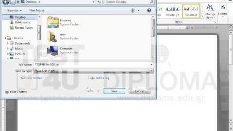 Save the current document under the file name test and type text only (plain text) in...