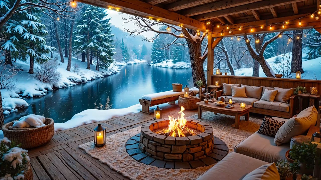 Snowy Lakeside Cabin Ambience ❄️ Cozy Fireplace, Warm Lights & Relaxing Winter Piano