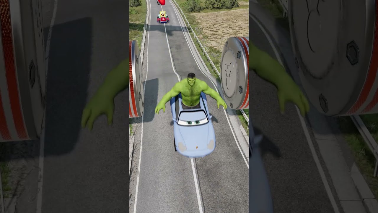 Funny Cars Driving On Bulge Against Two Bollards Iron Man BeamNG Drive