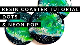 Resin Coaster Tutorial: Neon, teal,  and silver. Dot up your resin with paint dots great 3D effect!