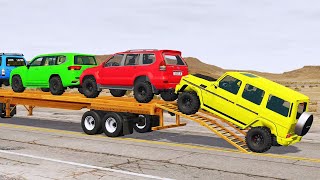 Flatbed Trailer Cars Transportation with Slide Color - Cars vs Deep Water - BeamNG.Drive