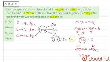 A can complete a certain piece of work in 40 days. B is 25% more efficient than A and C is 28% m...