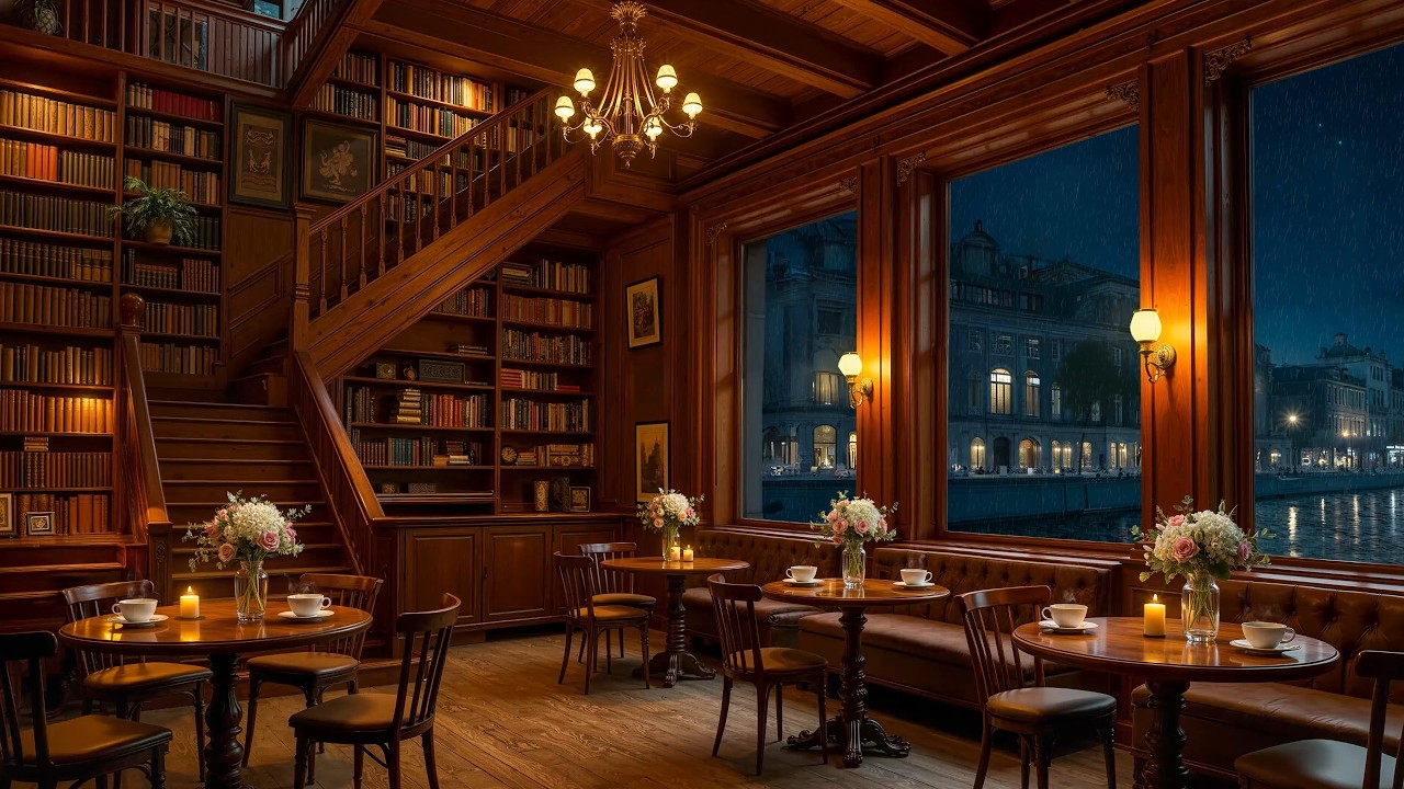 4K Cozy Night Jazz Escape ☕🌙 Coffee Shop Ambience for Reading & Chill