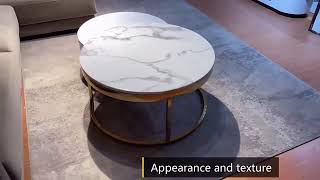 ラウンド モダン スイベル コーヒーテーブル ダイニングテーブル　ローテーブル　引き出しが2つの収納付き 大理石天板 金属脚