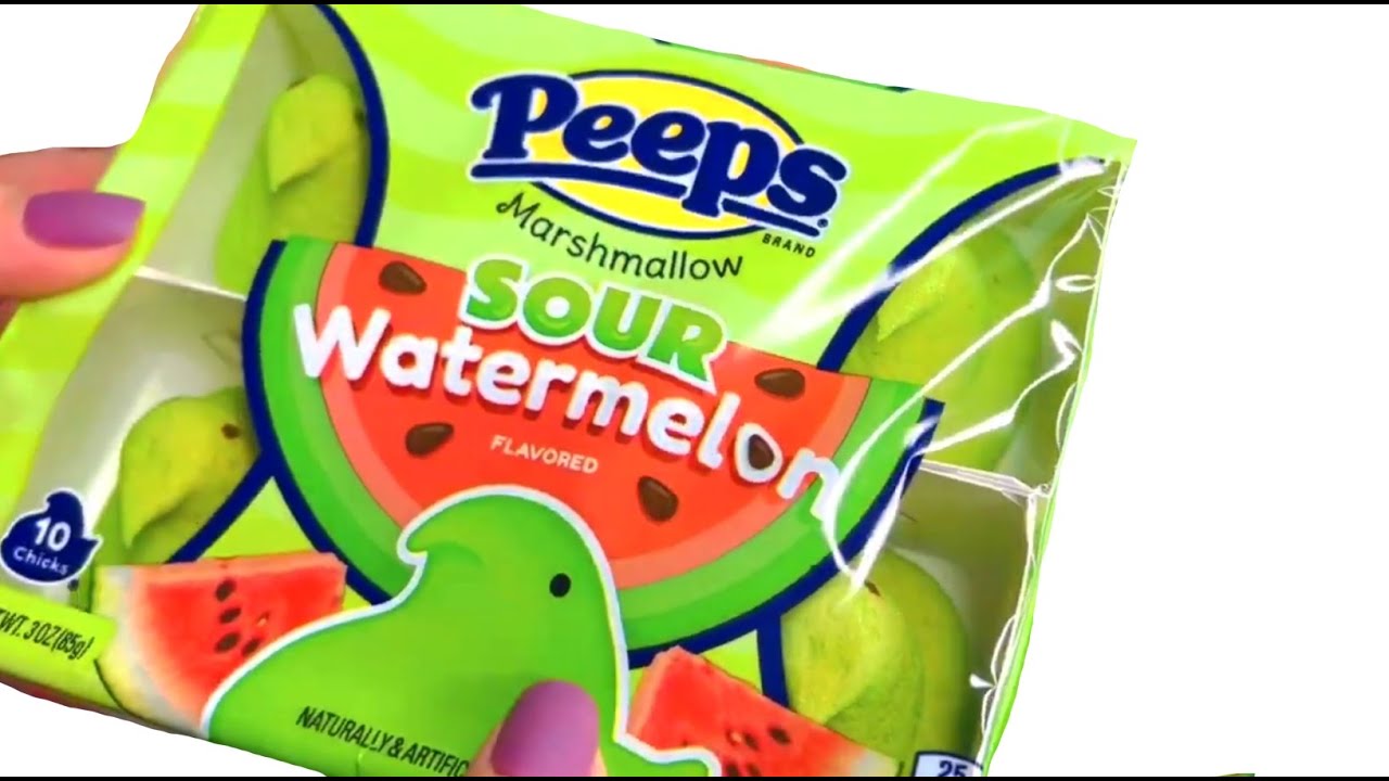 ASMR Unwrapping SOUR Watermelon Marshmallow Peeps Candy YouTube