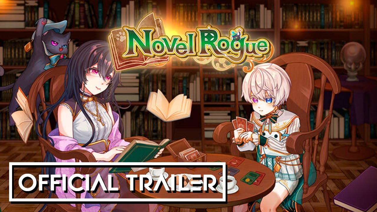Numa sala com estantes cheias de livros, duas personagens se reunem para ler e jogar cartas.