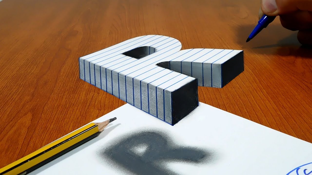 ⁣3D Trick Art On Line Paper, Floating Letter R