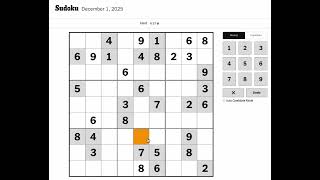 New York Times Sudoku Hard Solution for December 1, 2025: Solving without Markings