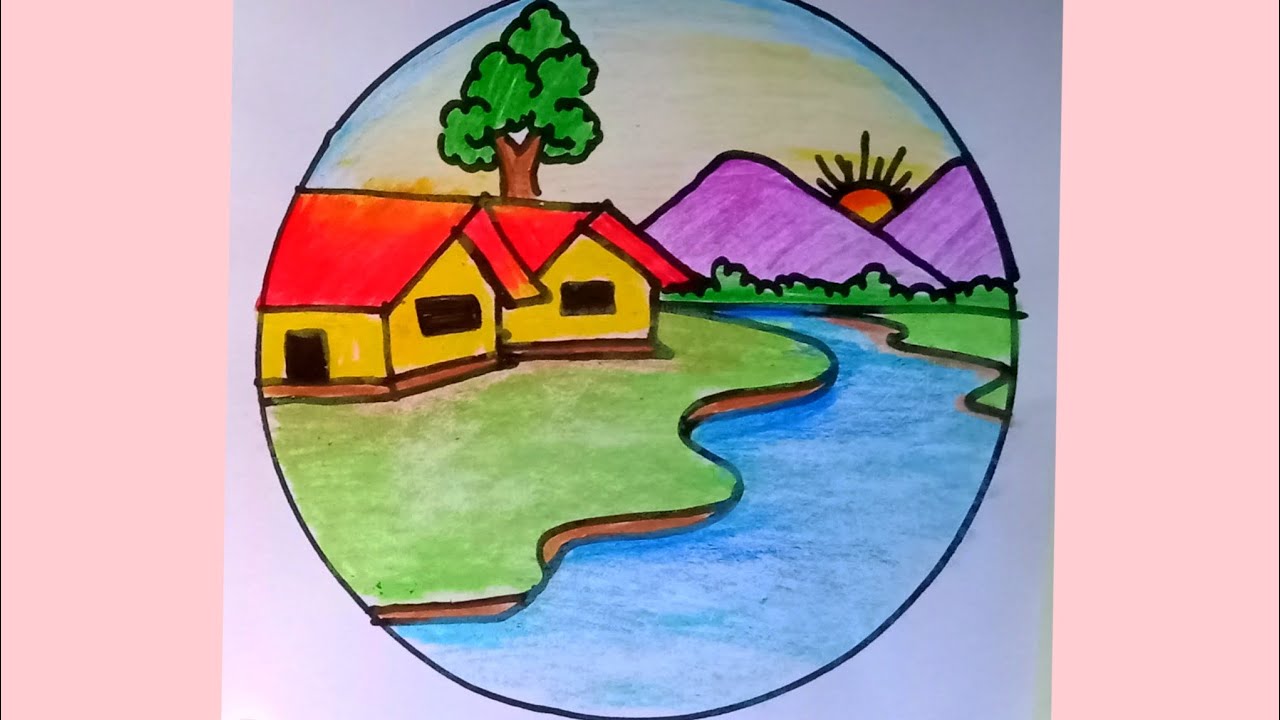 Easy and beautiful circle scenery drawing/ How to draw a village ...