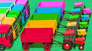MINI CONVOY OF COLORS! JOHN DEERE MINI TRACTORS &amp; TRAILER IN GARAGE TRANSPORT ACTION!