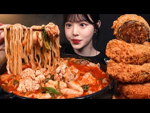 SUB)바삭바삭 팔뚝만한 초대왕 김말이에 매운 알곤이 칼국수 먹방! 치즈빈대떡튀김까지 한식 해장 꿀조합 리얼사운드 Crispy Seaweed Roll Mukbang Asmr