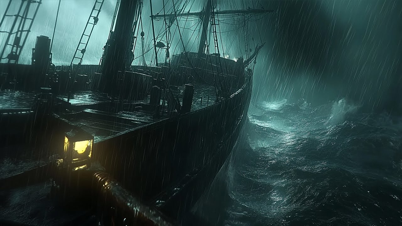 Sleeping In the Old Boat During Heavy Rain Storm | Waves Sounds for Sleep, Relax, Study|Thunderstorm