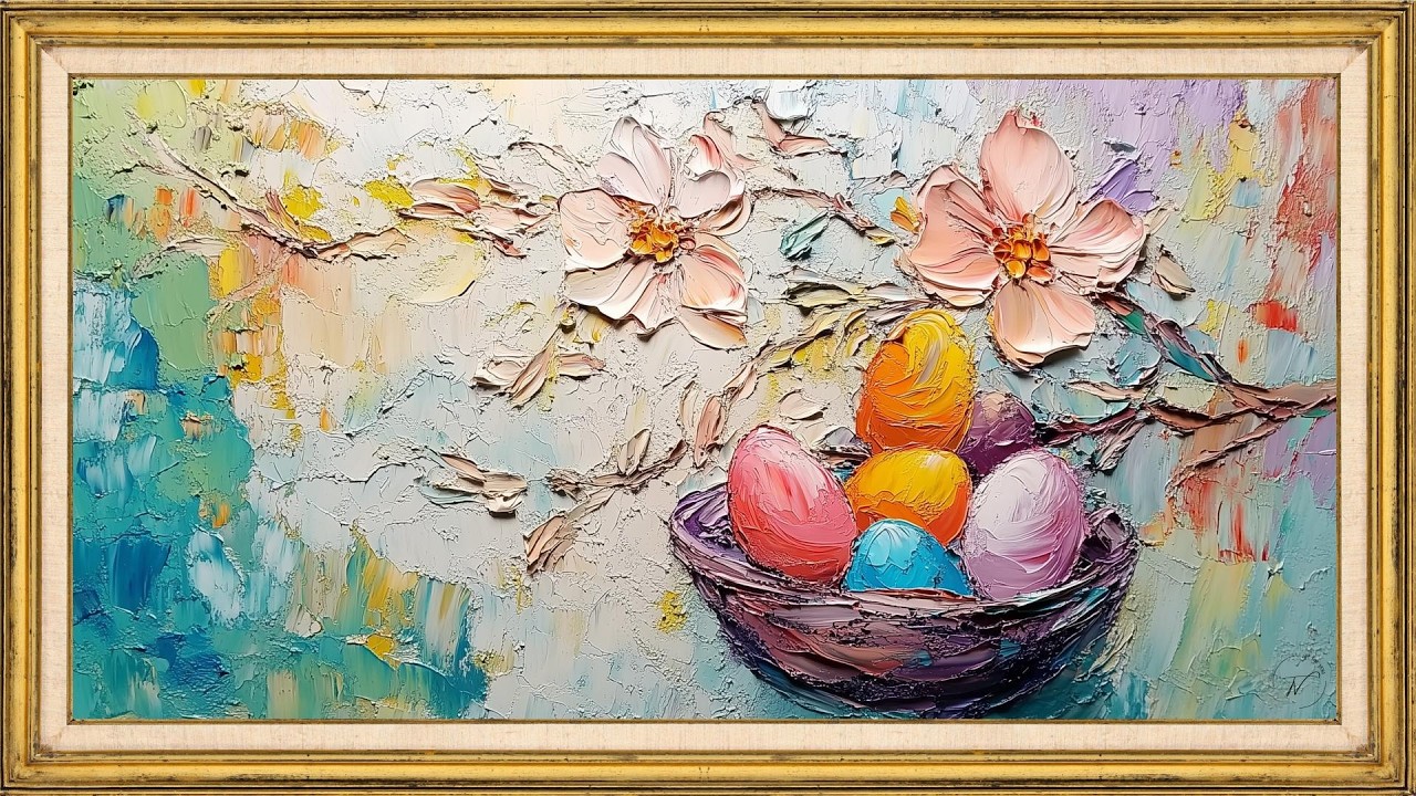 Pastel Floral Canvas with Colorful Eggs | 2H TV Screensaver Art in Decorative Frame