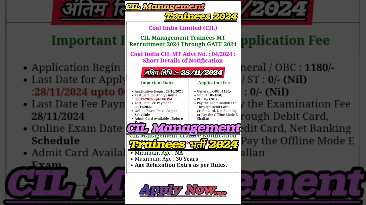 COAL India Recruitment 2024 | Management Trainee |  CIL MT 2024 | CIL 2024 | CIL Trainee 2024  