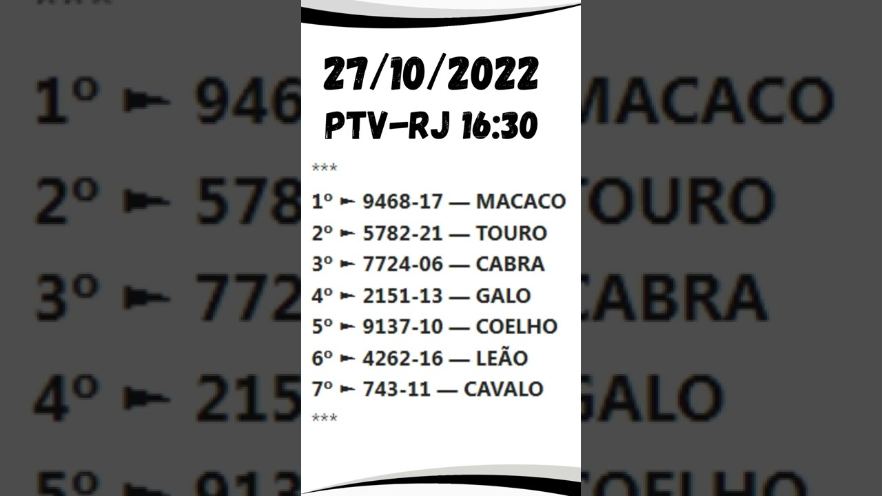 PTV RIO HOJE 16:30 RESULTADO JOGO DO BICHO HOJE 27/10 DEU NO POSTE