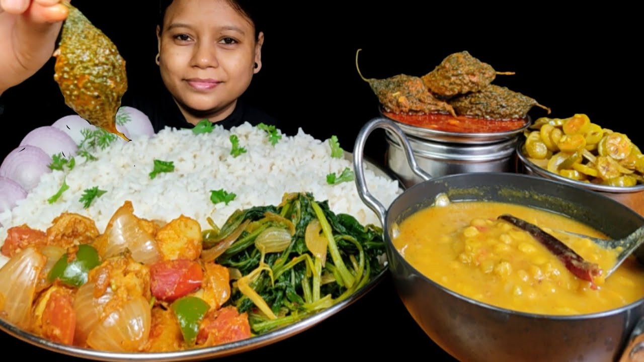 Eating Dal Chawal, Spicy Karela Curry, Arbi Do Pyaza & Sarson ka Saag | Asmr Eating | Mukbang