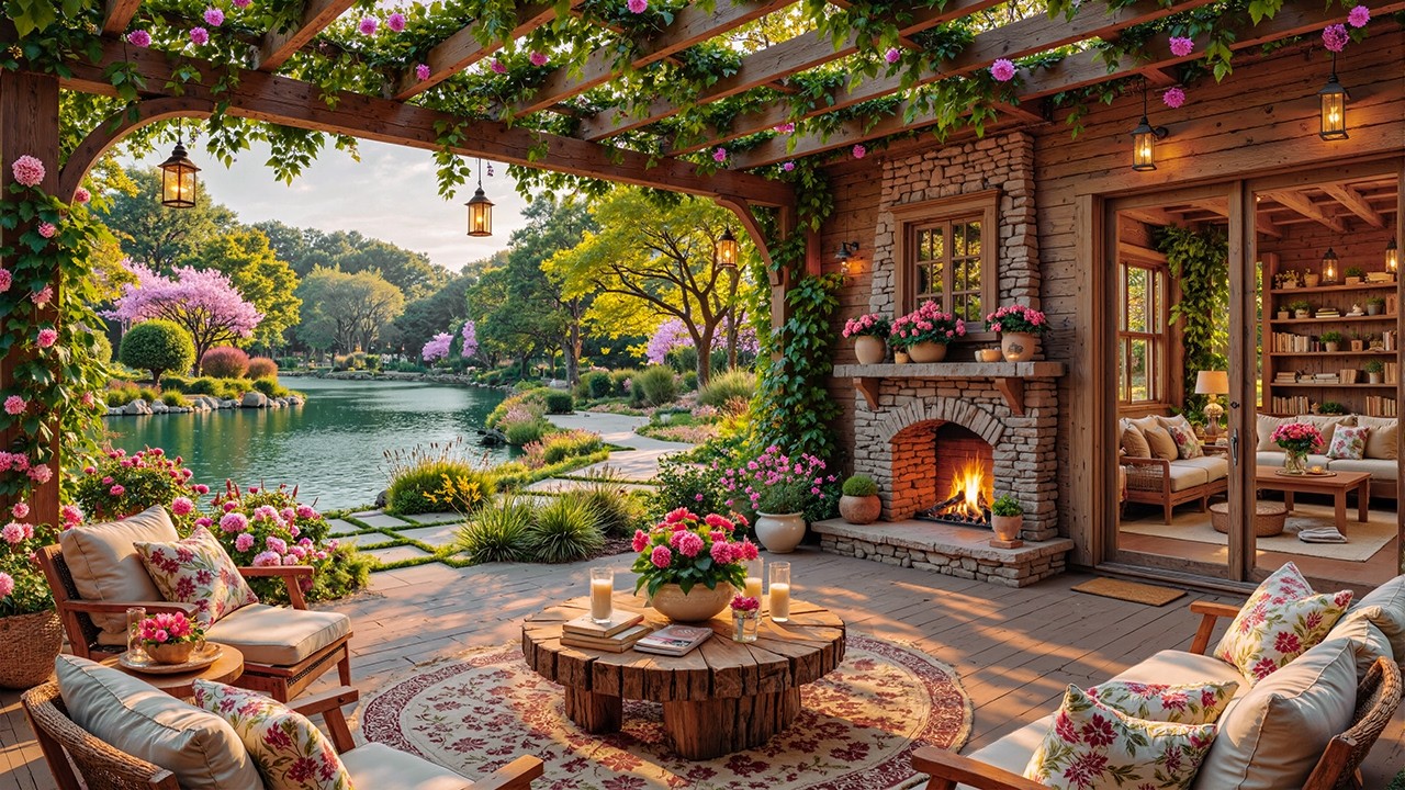 Peaceful Spring Porch Ambience for Begin The Day | Crackles Fireplace & Morning Jazz Relaxing