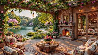 Peaceful Spring Porch Ambience for Begin The Day | Crackles Fireplace & Morning Jazz Relaxing