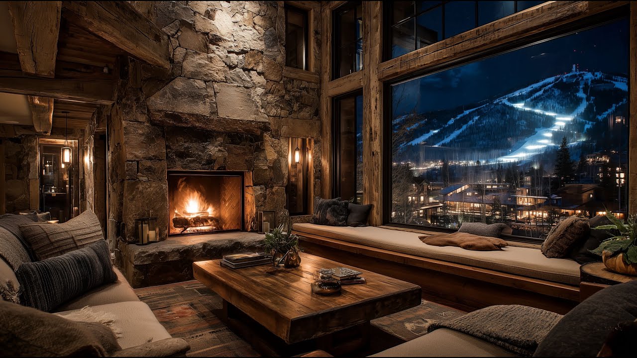 Ski Resort Lodge Ambience ❄️🔥 Cozy Mountain Ambience: Snowfall & Crackling Fireplace