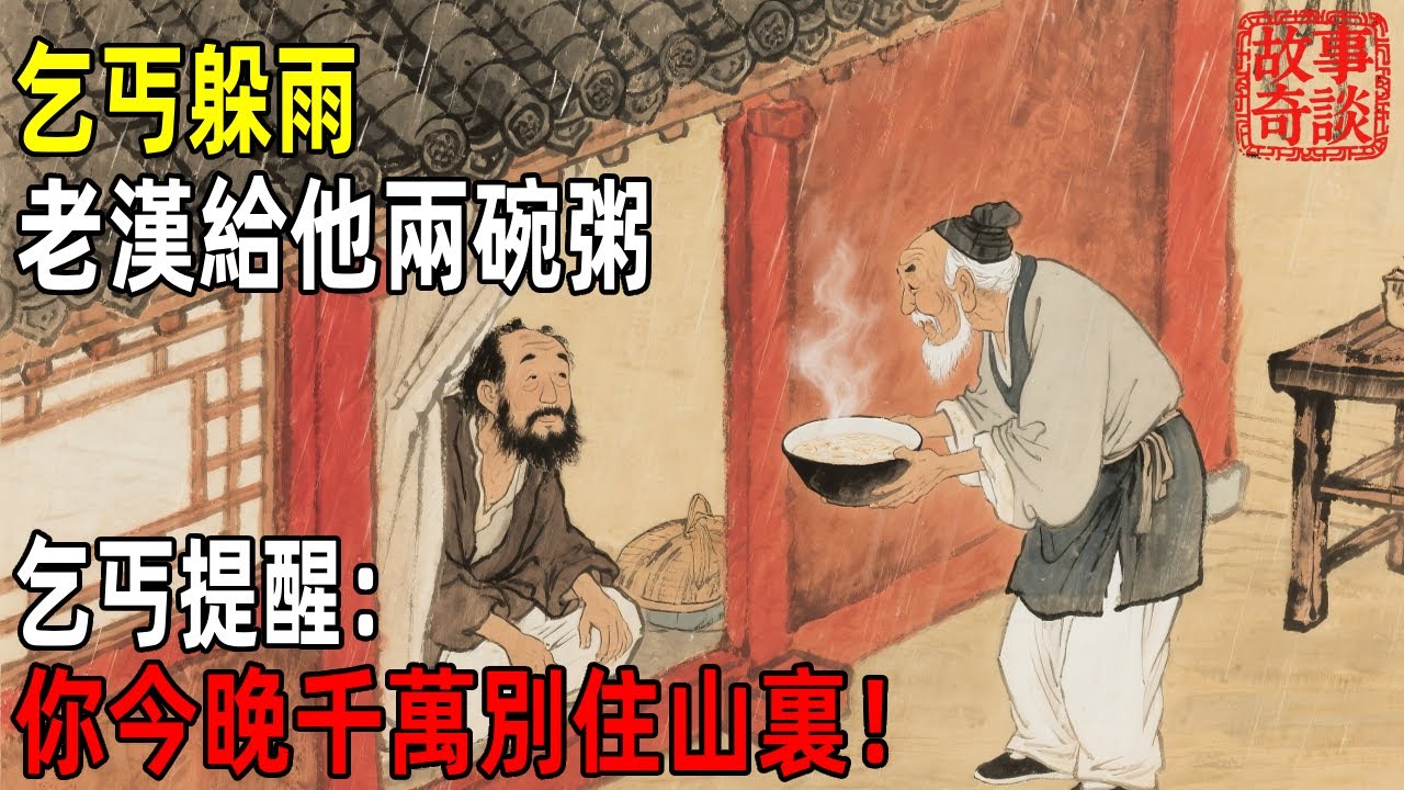乞丐躲雨老漢給他兩碗粥乞丐提醒：你今晚千萬別住山裏！#故事#民间故事#故事会#民間故事#故事會#温馨故事#民间传统故事