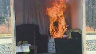 Fire crews demonstrate how quick a Christmas can catch fire if you forget to water it