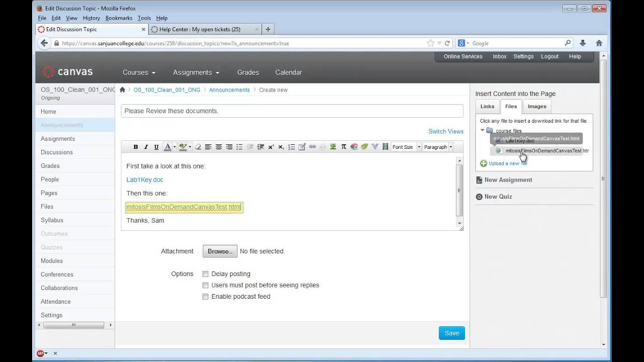 Canvas Tutorial Attaching Files to an Announcement YouTube
