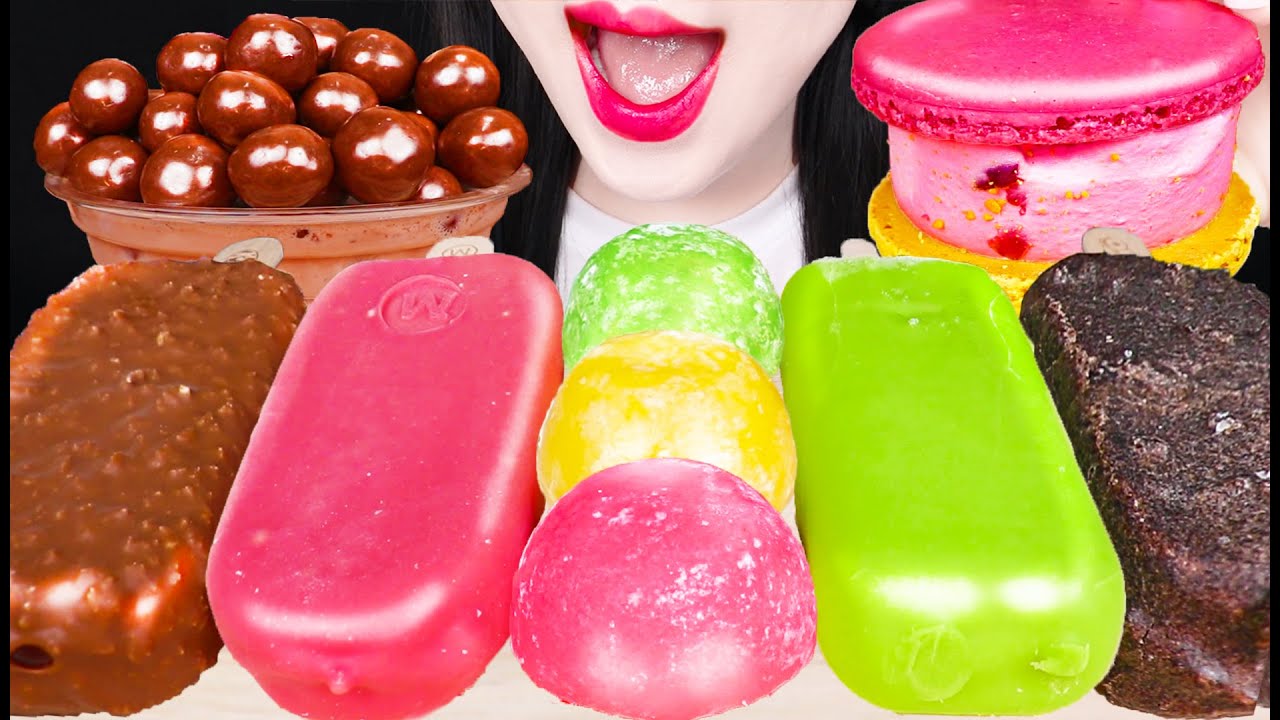 ASMR ICE CREAM RICE CAKES, CHOCOLATE ICE CREAM, FRAPPE 초콜릿 프라페, 아이스크림, 찰떡 아이스 먹방 MUKBANG