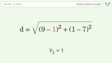 Find the distance between two points p1 (1,7) and p2 (9,1): Step-by-Step Video Solution