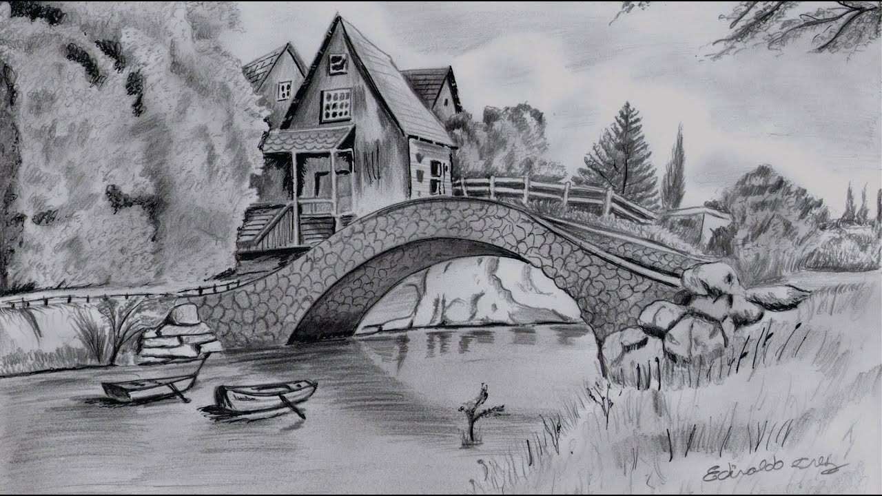 Como desenhar pontes e casas em um cenário de paisagem