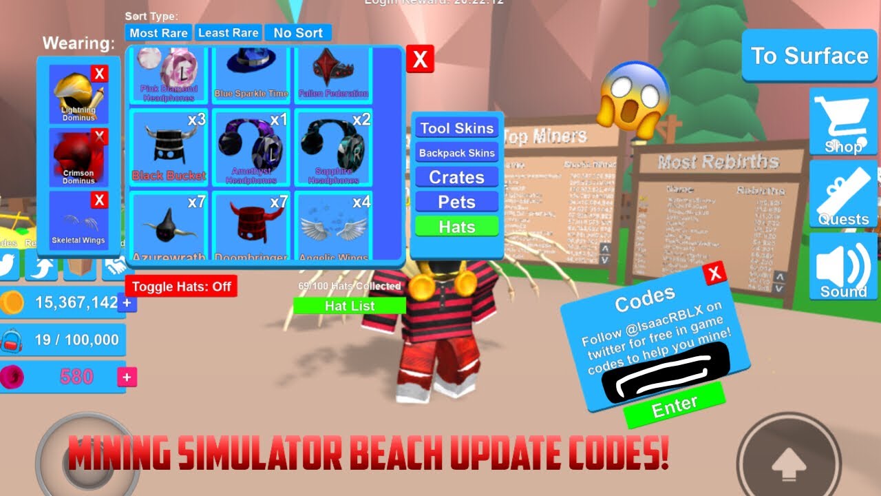 5 Mining Simulator Codes Beach Update Roblox Mining - youtube codes for roblox miner simulator