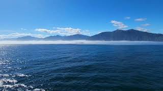 Ship in the morning fog of Dusky Sound, NZ. viewed from Ovation of the Seas.