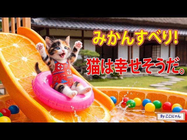 まさかの大変身】ここにゃん、古いプールを大改造！手作りみかん滑り台