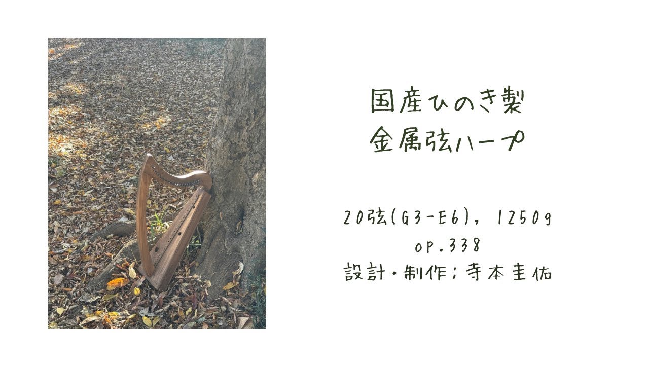2024年12月に製作した338台目、20弦国産ヒノキ製金属弦ハープの