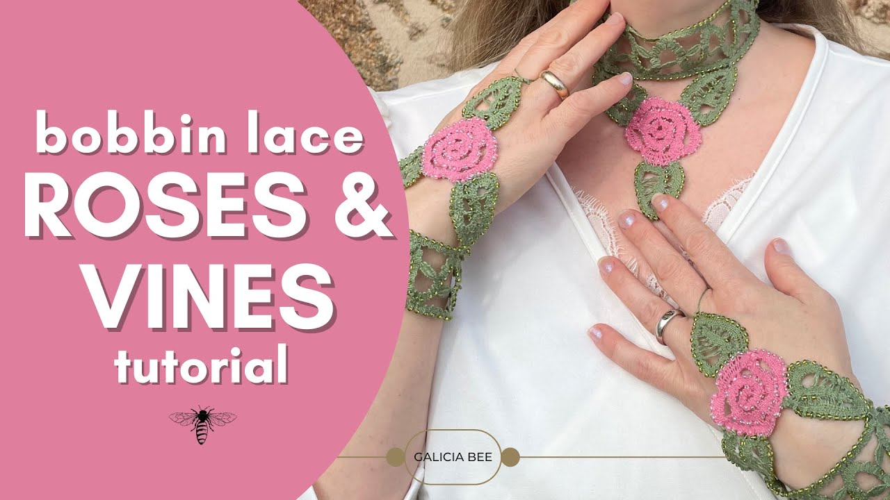 Bobbin Lace ROSES and VINES bracelet, necklace, applique, and fingerless glove - tekkou, hand flower
