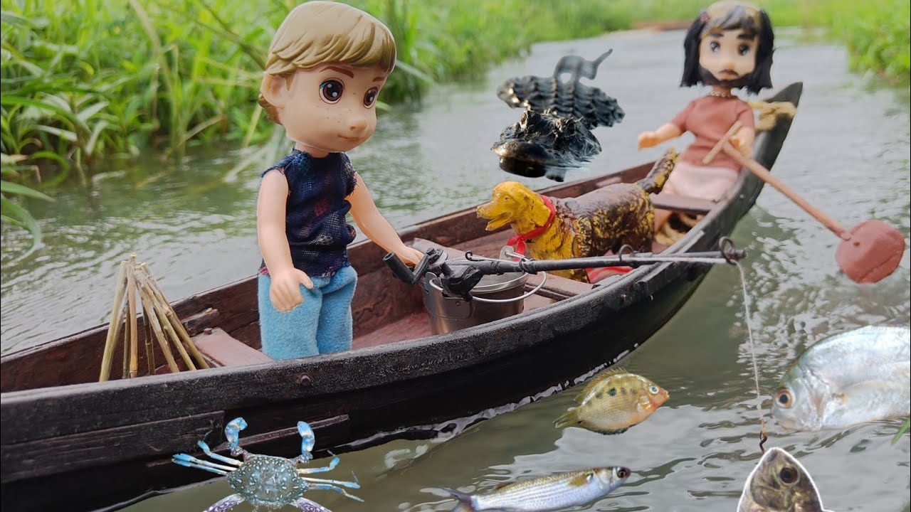 miniature full fish fry / fishing with real and fishing rod / miniature