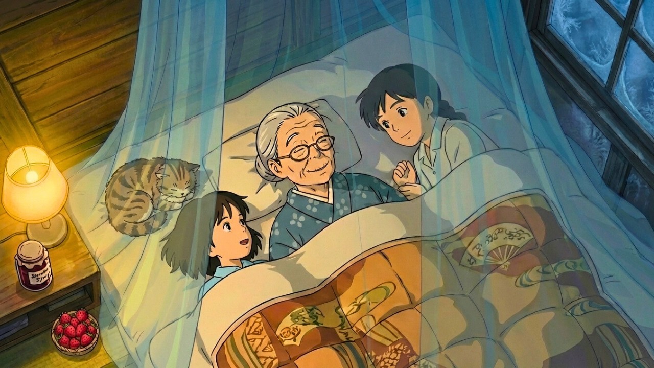 Cozy Winter Slow Living: Grandma & Two Grandkids, Bird Feeder, Strawberry Garden | Ghibli-Style ASMR