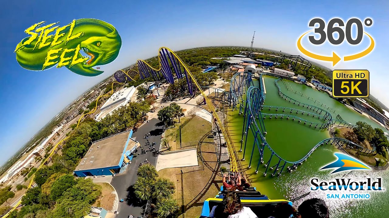 VR 360 5K Steel Eel Roller Coaster On Ride Back Seat POV SeaWorld San