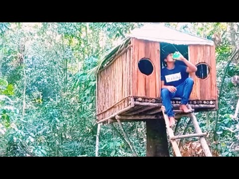 Solo Camping in heavy rain - Building a tree house shelter - YouTube