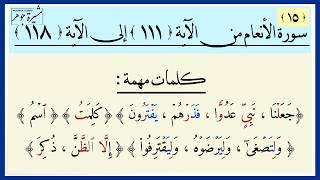 ١٥-سورة الأنعام (١١١-١١٨) كيف تقرأ هذه الكلمات (نبيّ- كلمت - اسم -فذرهم - جعلنا - ولتصغى-الظن - ذكر)