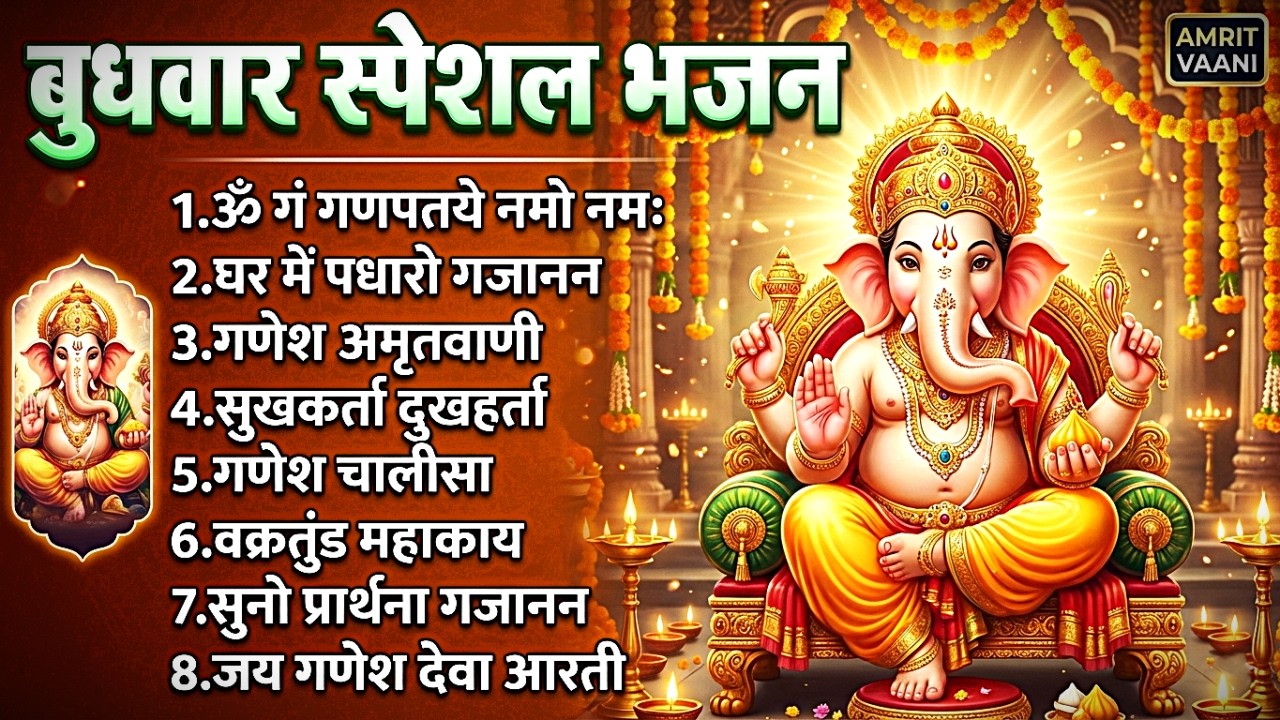 बुधवार भक्ति भजन : ॐ गं गणपतये नमो नमः, वक्रतुंड महाकाय, सुखकर्ता दुखहर्ता, गणेश अमृतवाणी व आरती