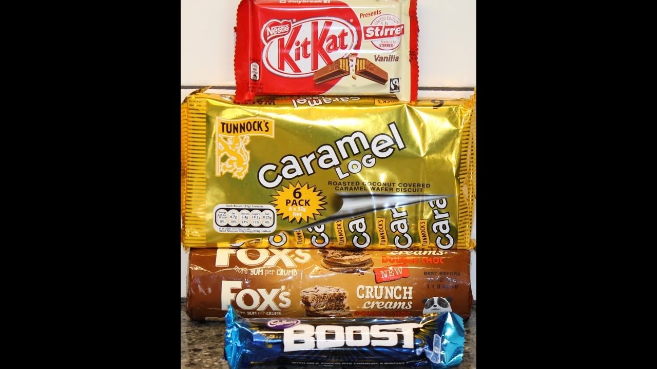 Tunnock’s Roasted Coconut Caramel Log, Kit Kat Vanilla Stirrer, Fox’s Double Choc, Cadbury Boost