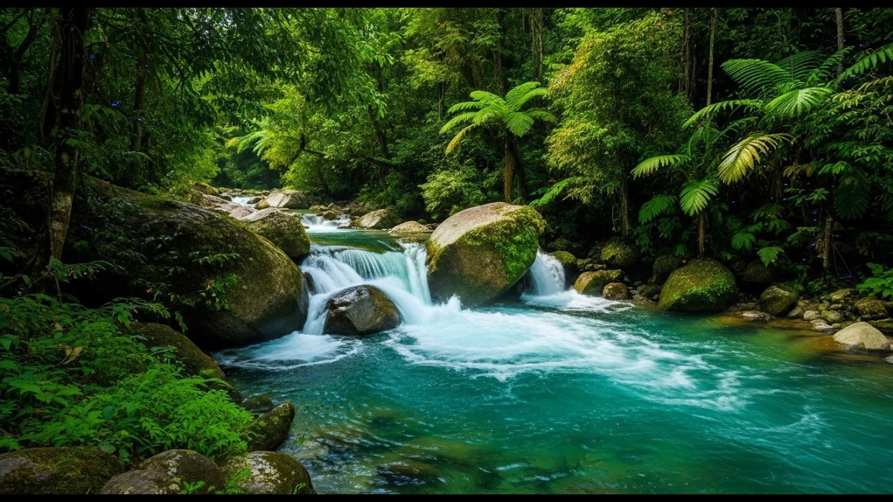 Tranquil River in Tropical Forest with Birds for Instant Stress Relief